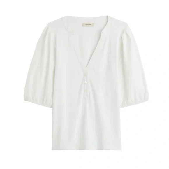 Madewell Puff-Sleeve Henley Knit Top in White - Picture 1 of 7